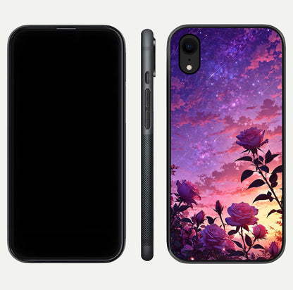 Starlit Rose Twilight Glass Case for iPhone Xr front & back layout showing floral blend and glossy edge