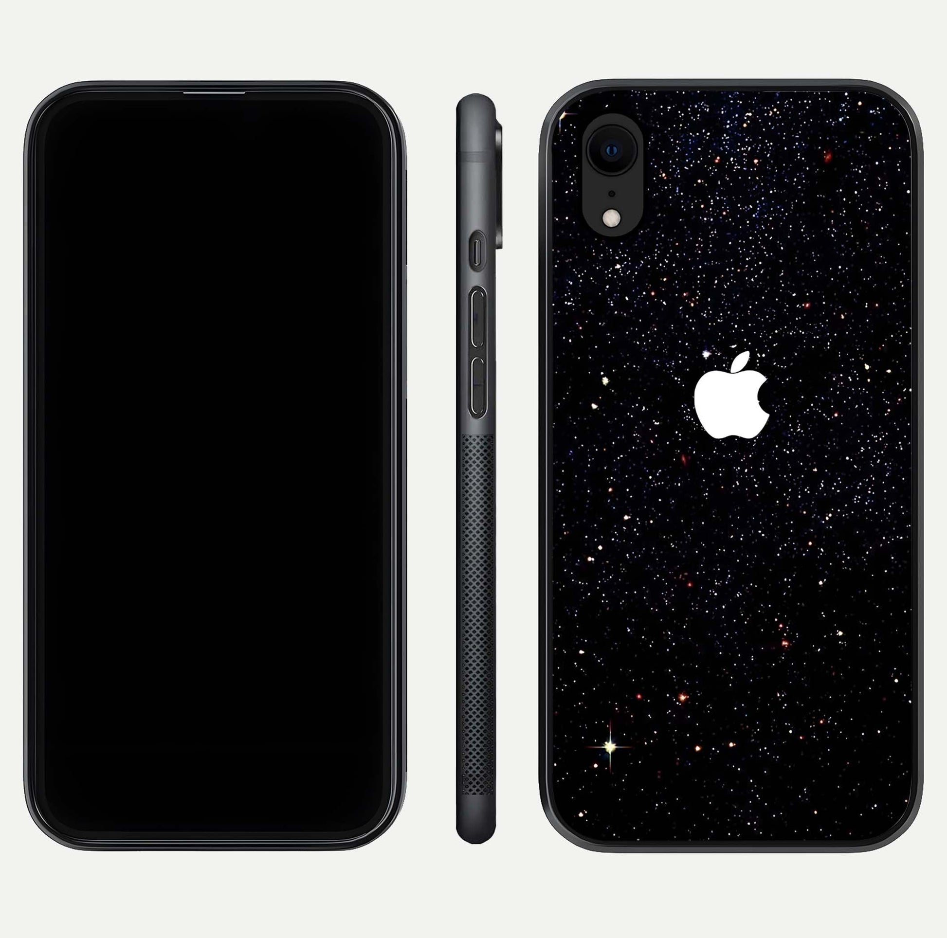 Starry Apple Galaxy Glass Case for iPhone Xr front & back layout showing cosmic tones and sleek edge