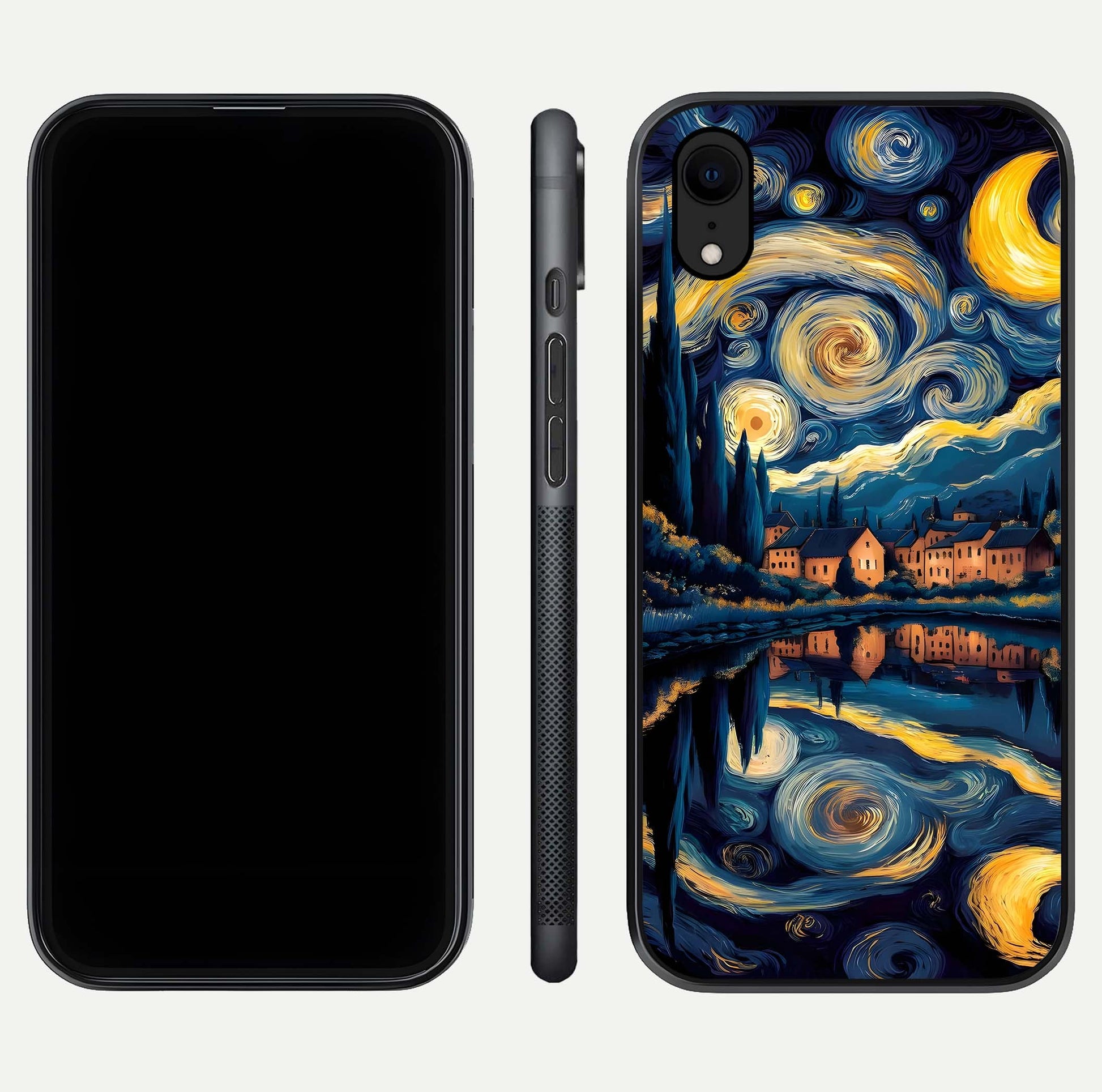 Starry Sky Serenity Glass Case for iPhone Xr front & back layout showing stars and curved glass edges