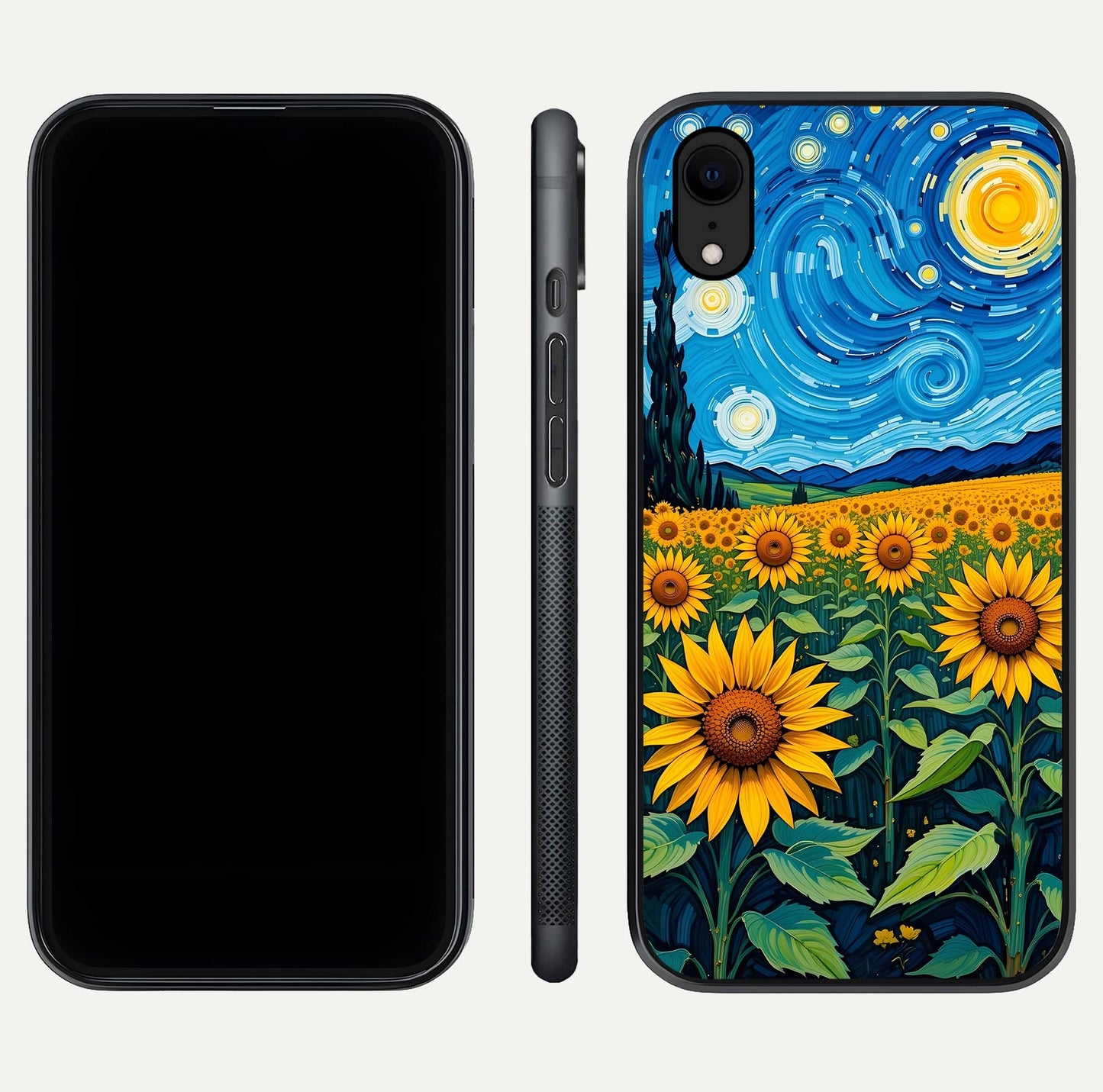 Starry Sunflower Dreams Glass Case for iPhone Xr front & back layout showing floral blend and edge detail