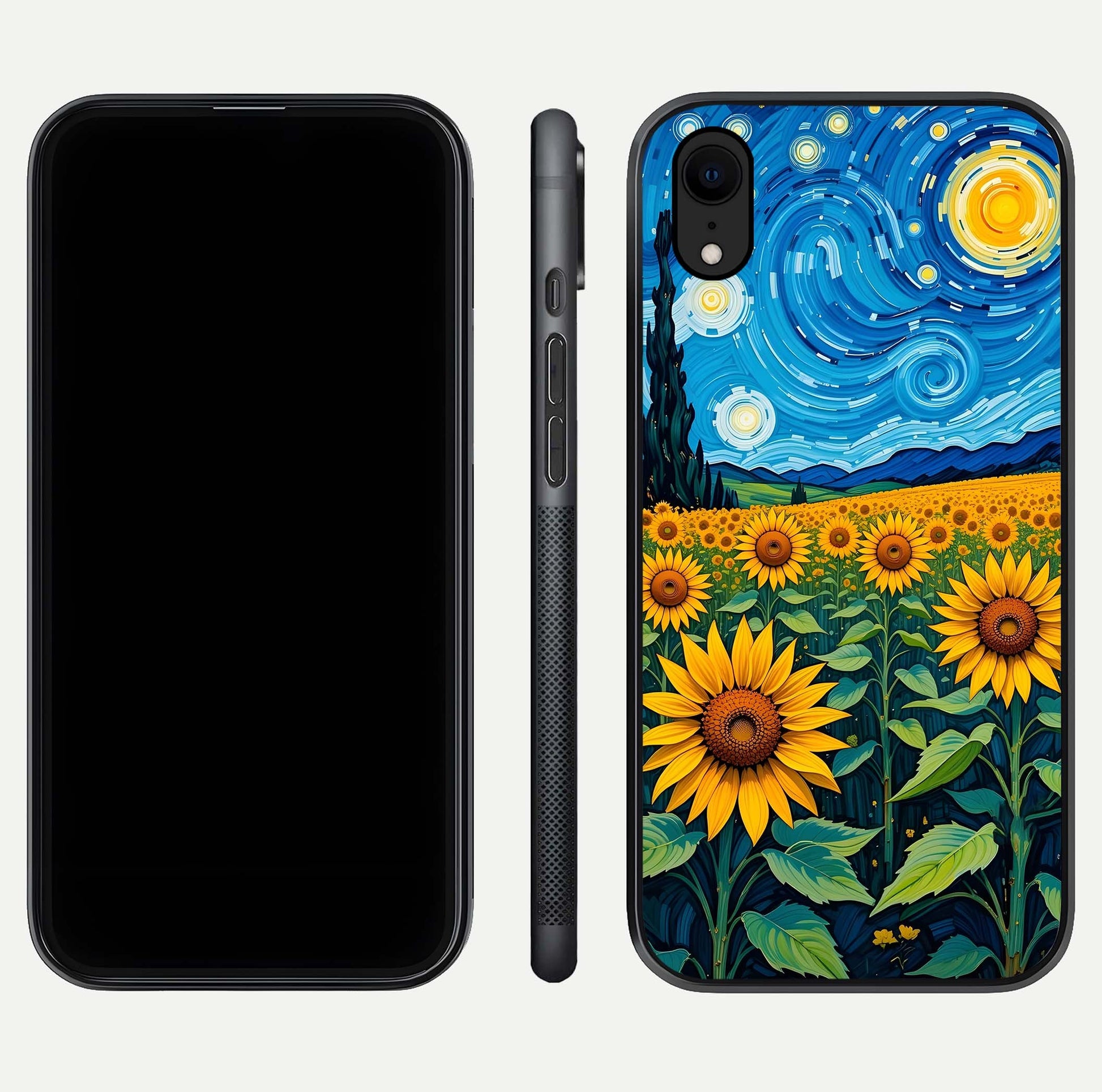 Starry Sunflower Dreams Glass Case for iPhone Xr front & back layout showing floral blend and edge detail
