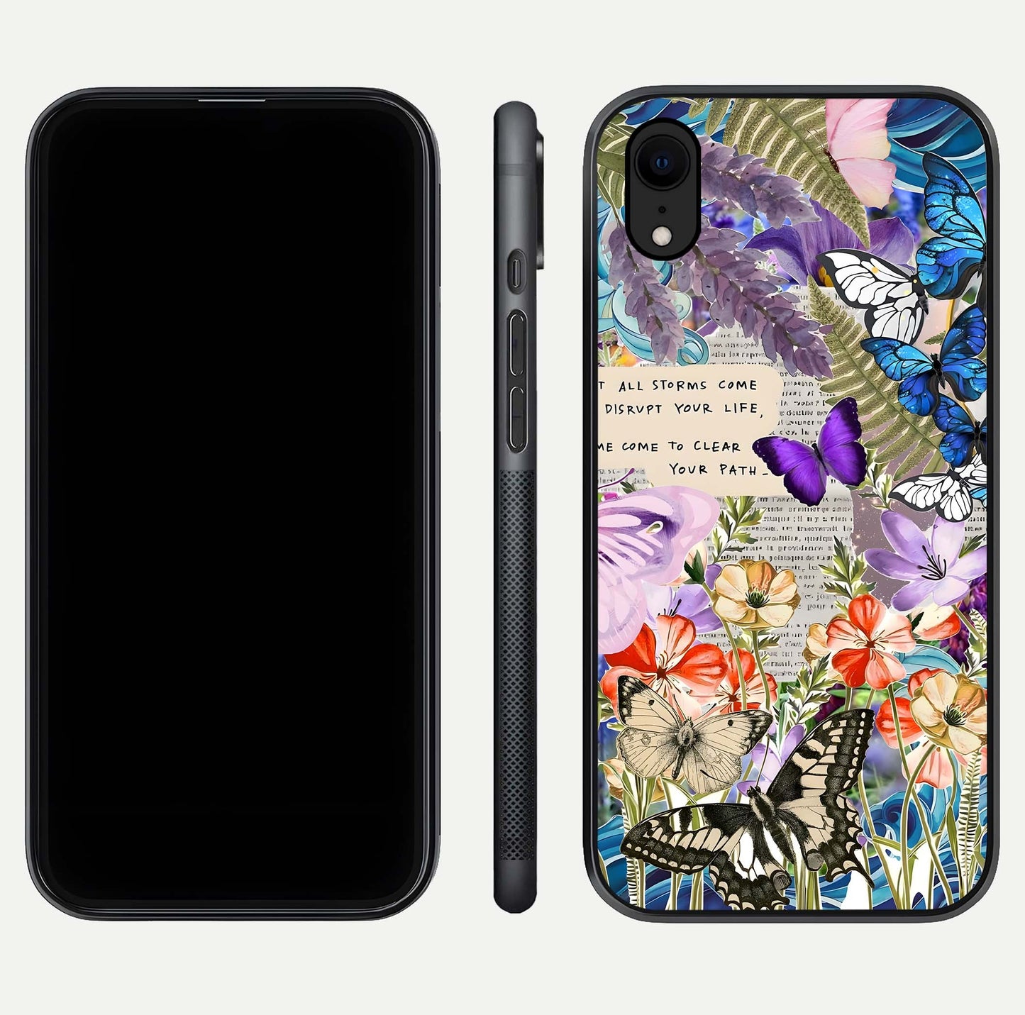 Storm Path Bloom Glass Case for iPhone Xr front & back layout showing moody floral blend and edges