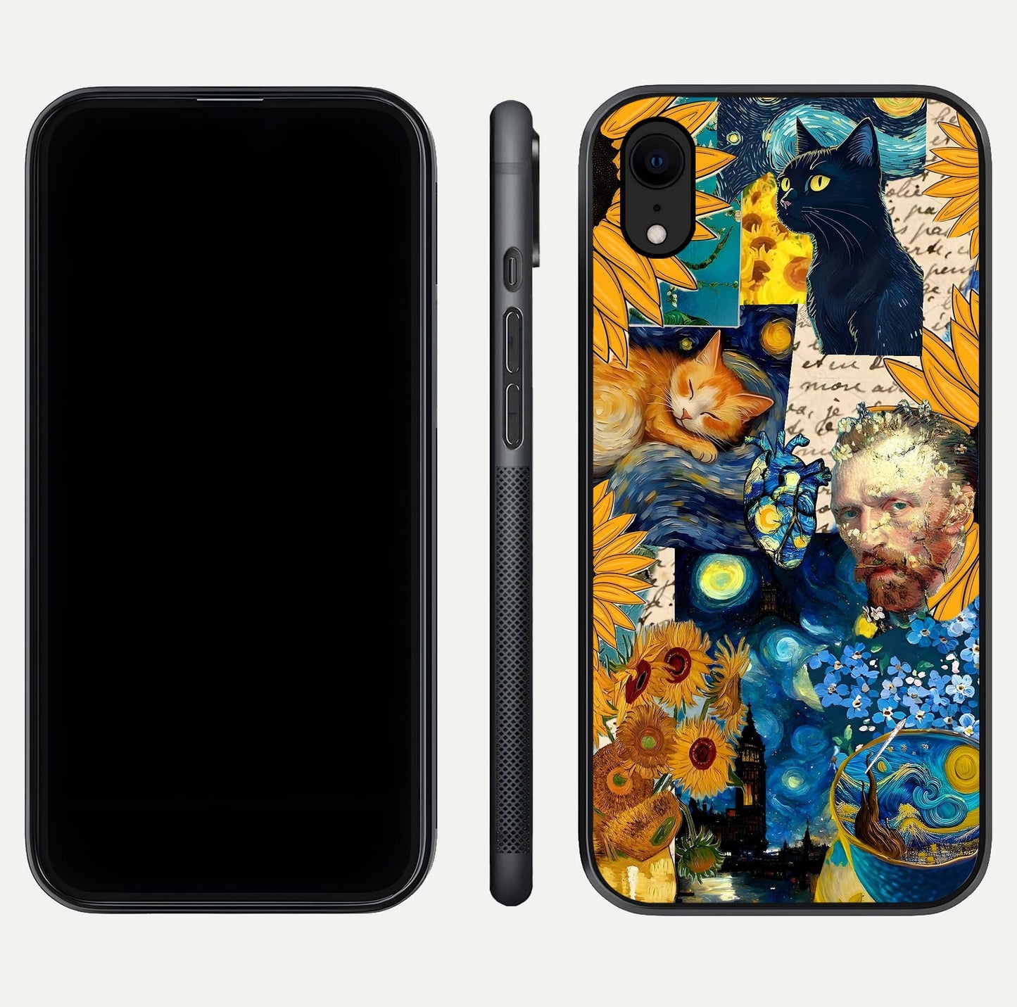 Sunflower Cat Art Glass Case for iPhone Xr front & back layout showing detailed floral cat design and edges