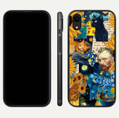Sunflower Cat Art Glass Case for iPhone Xr front & back layout showing detailed floral cat design and edges