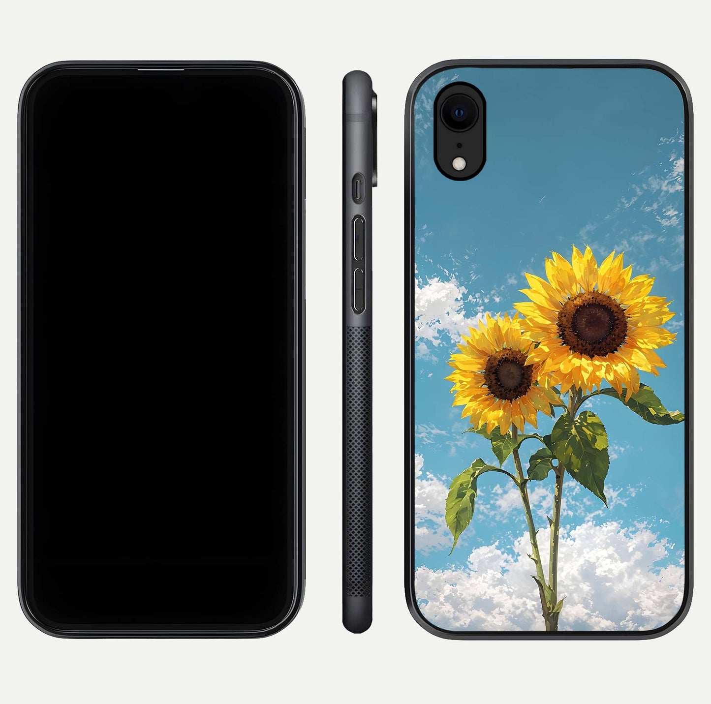 Sunflower Sky Bloom Glass Case for iPhone Xr front & back layout showing soft blue tones and flower contrast