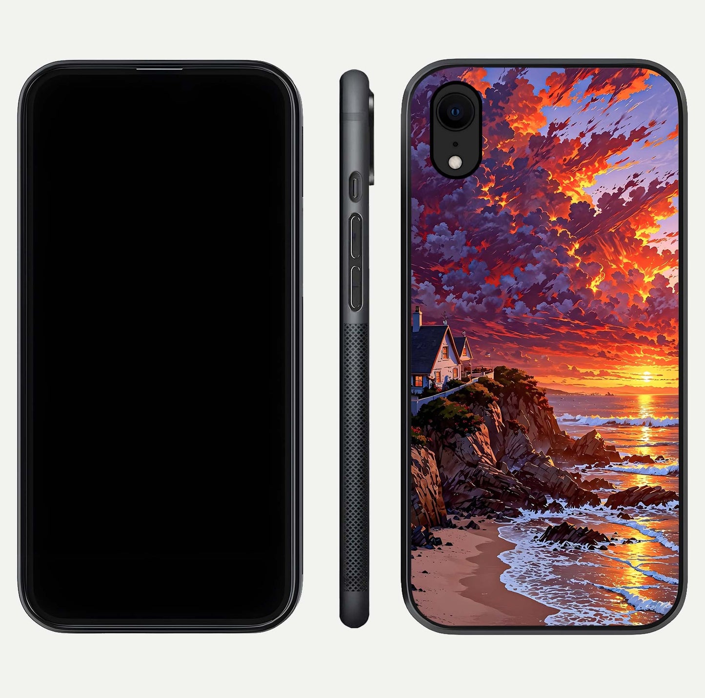 Sunset House by Sea Glass Case for iPhone Xr front & back layout showing scenic gradient and curved edge