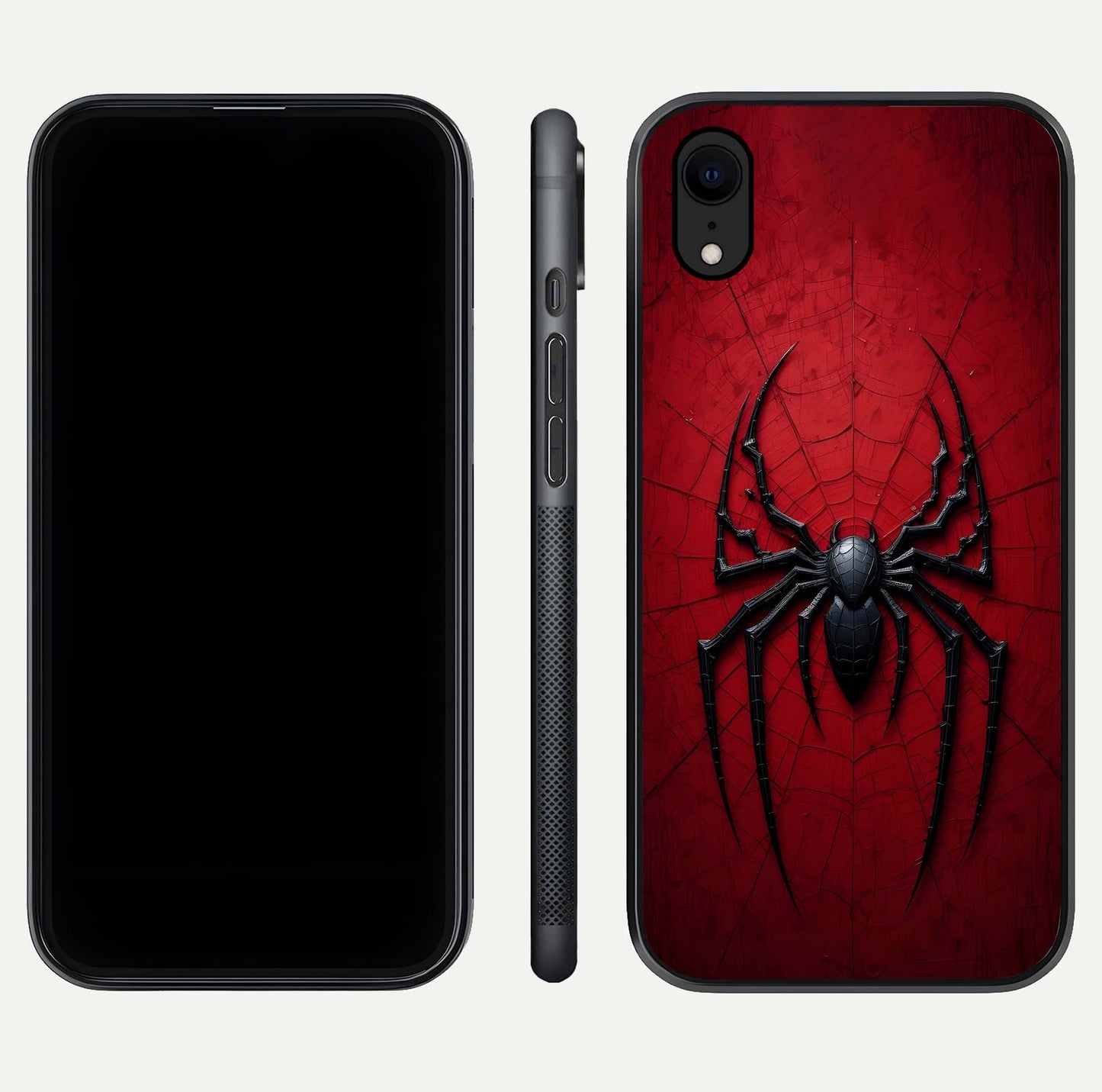 Venom Web Emblem Glass Case for iPhone Xr front & back layout showing contrast art and curved glass edges