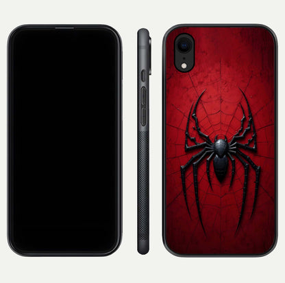 Venom Web Emblem Glass Case for iPhone Xr front & back layout showing contrast art and curved glass edges