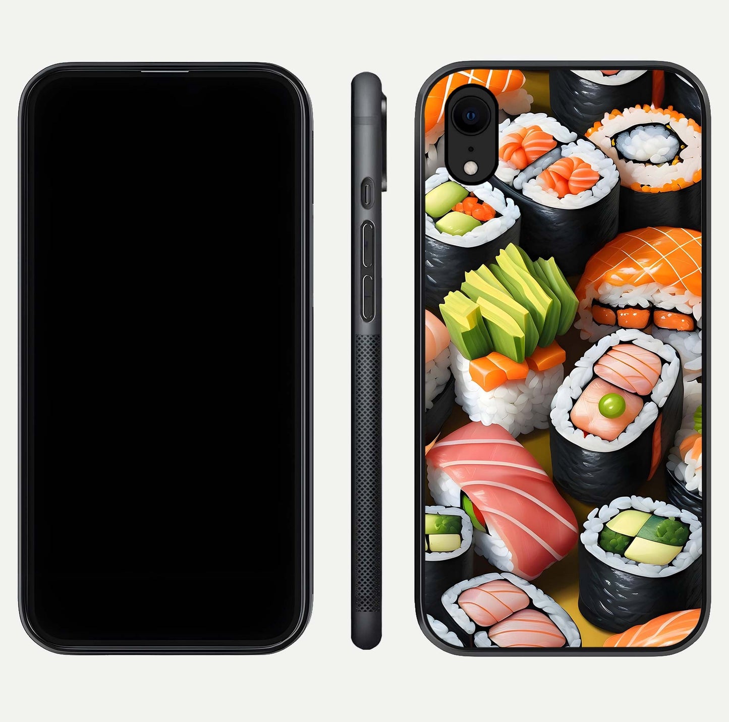 Sushi Food Pattern Glass Case for iPhone Xr front & back layout showing playful food theme and clear edges
