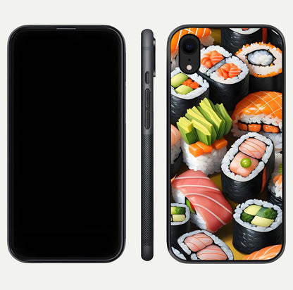 Sushi Food Pattern Glass Case for iPhone Xr front & back layout showing playful food theme and clear edges