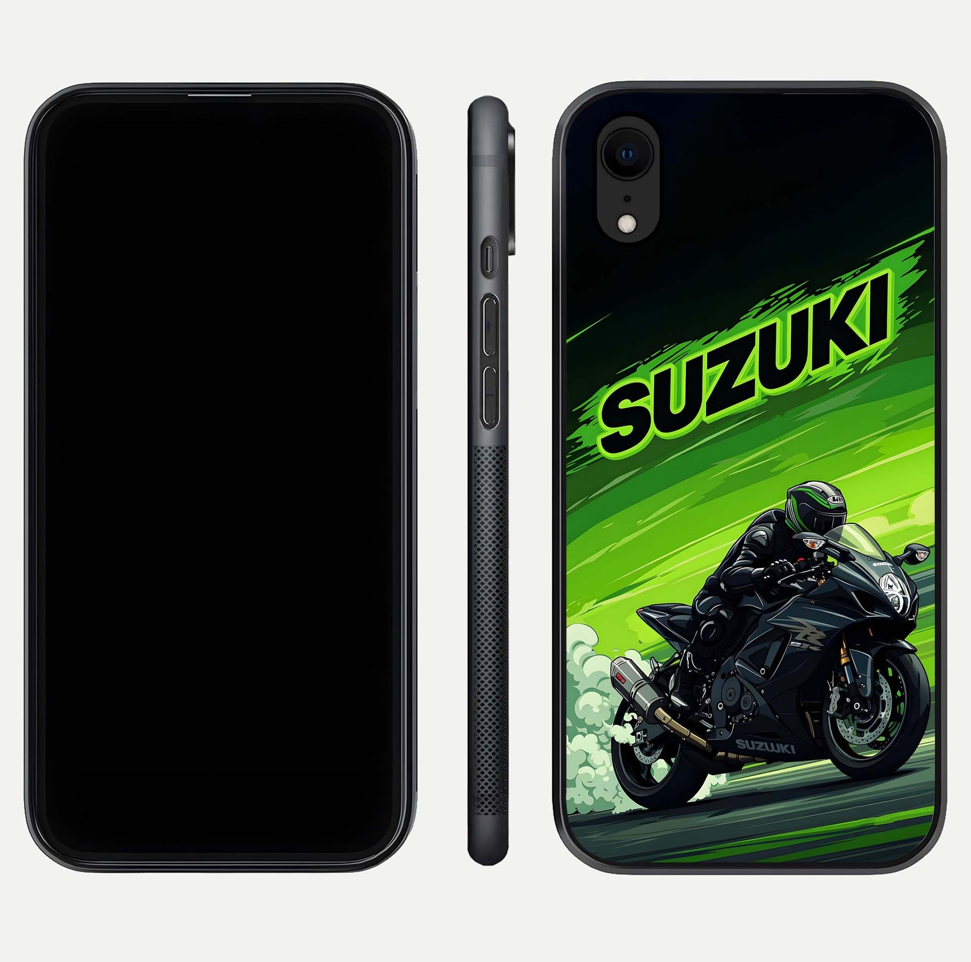Suzuki Speed Beast Glass Case for iPhone Xr front & back layout showing motion blur and sleek edges