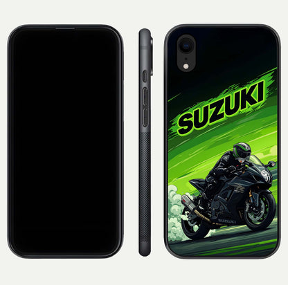 Suzuki Speed Beast Glass Case for iPhone Xr front & back layout showing motion blur and sleek edges