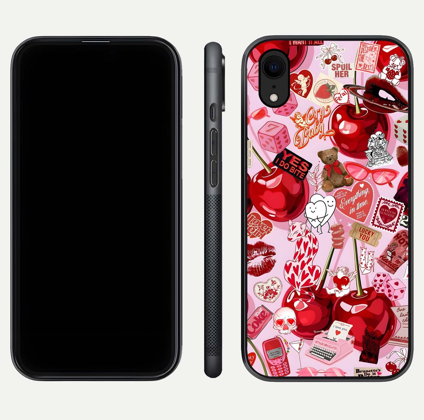 Sweet Cherry Chaos Glass Case for iPhone Xr front & back layout showing vibrant cherries and smooth edges
