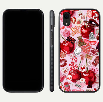 Sweet Cherry Chaos Glass Case for iPhone Xr front & back layout showing vibrant cherries and smooth edges