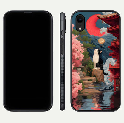 Temple Cat Scenery Glass Case for iPhone Xr front & back layout showing scenic print and edge design