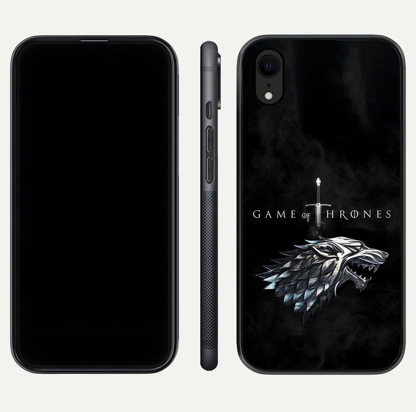 Throne Wolf Legacy Glass Case for iPhone Xr front & back layout showing bold pattern and sharp edge