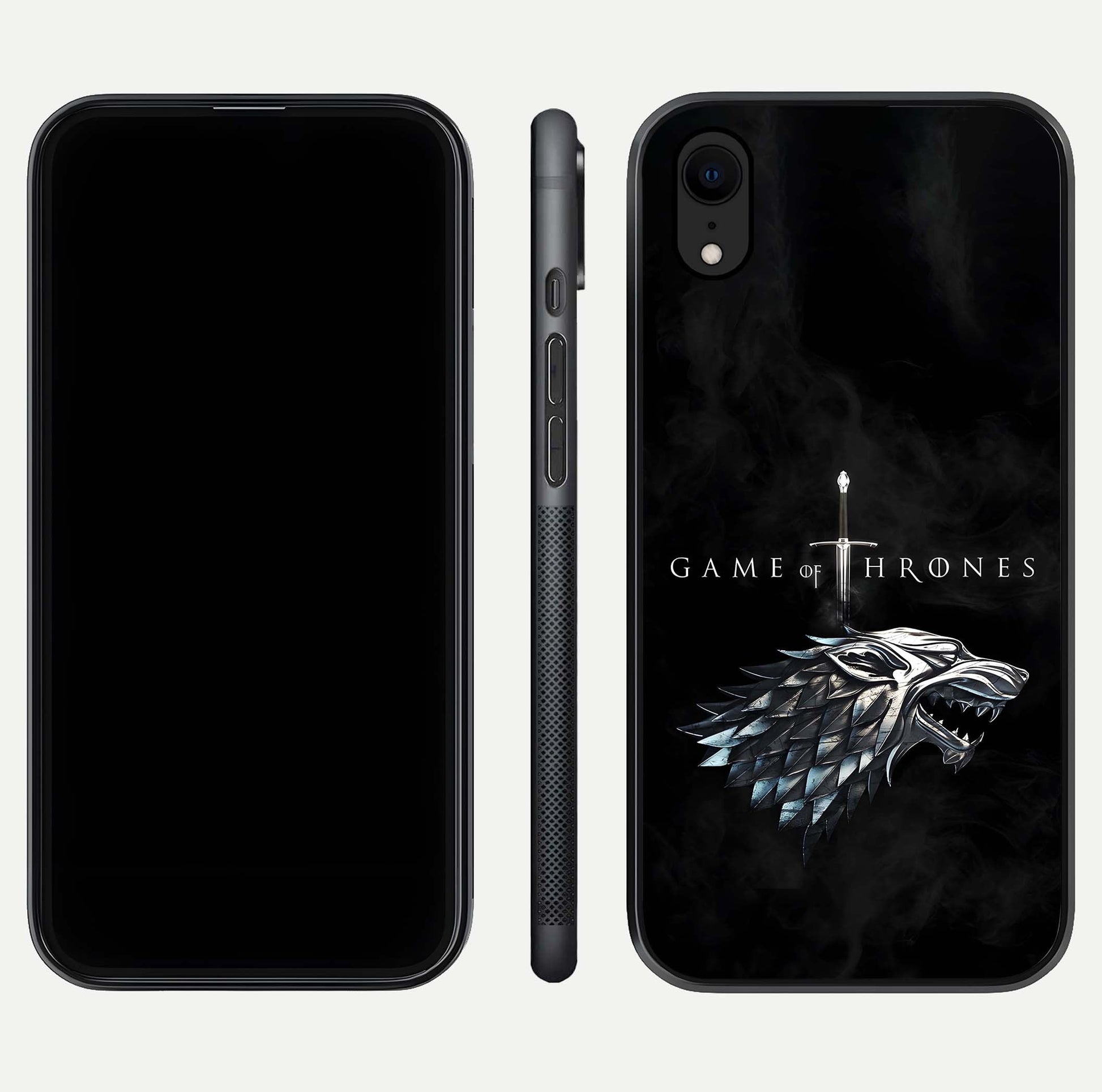 Throne Wolf Legacy Glass Case for iPhone Xr front & back layout showing bold pattern and sharp edge