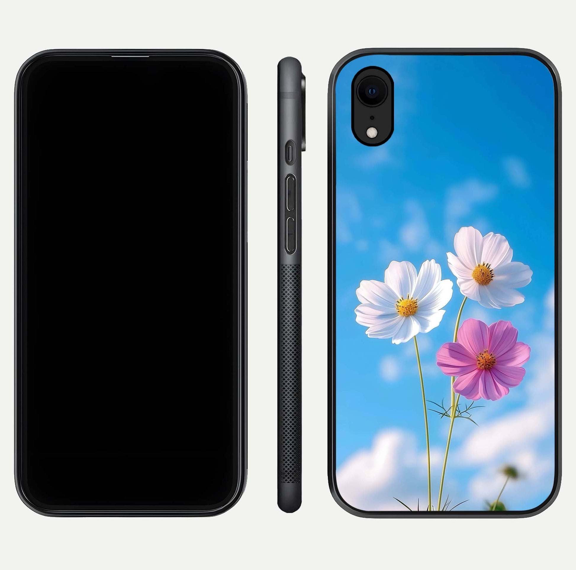 Triple Flowers With Sky Glass Case for iPhone Xr front & back layout showing vivid tones and glossy surface