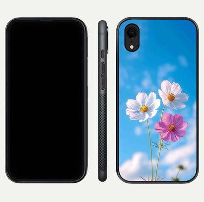 Triple Flowers With Sky Glass Case for iPhone Xr front & back layout showing vivid tones and glossy surface