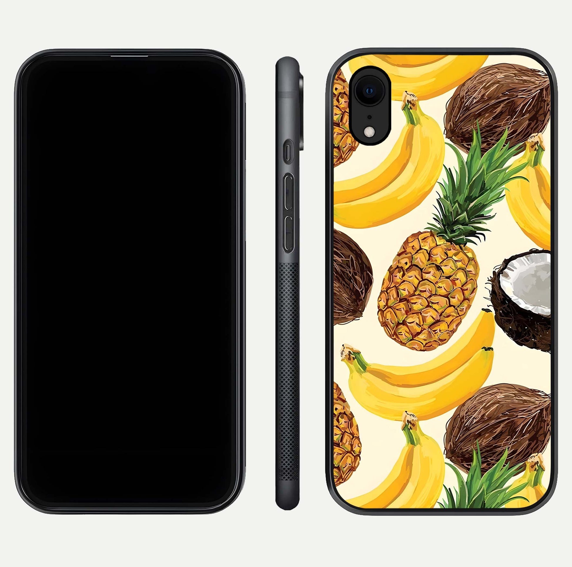 Tropical Fruit Mood Glass Case for iPhone Xr front & back layout showing playful tones and clean edge