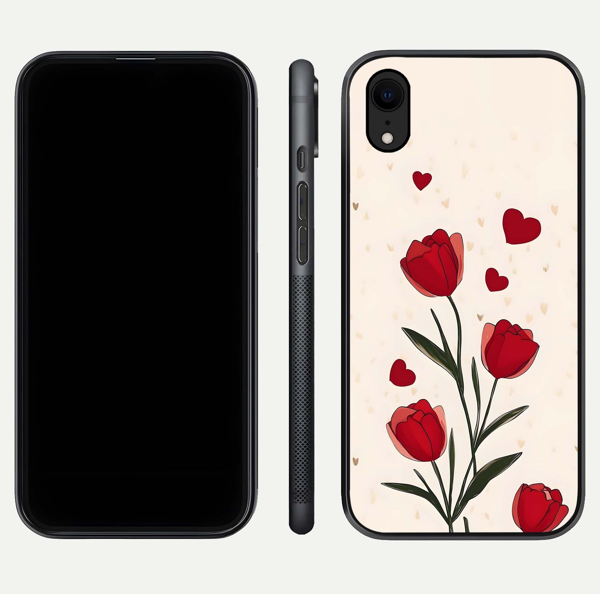 Tulip With Heart Glass Case for iPhone Xr front & back layout showing heart motif and elegant gloss finish