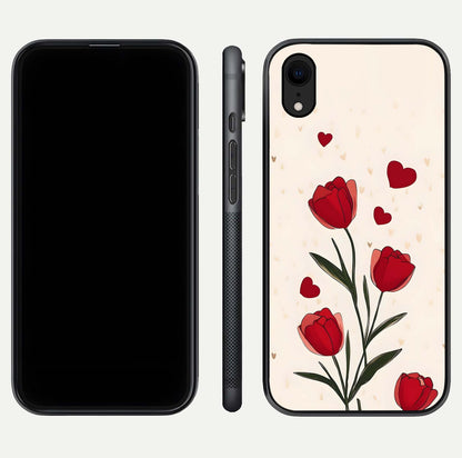 Tulip With Heart Glass Case for iPhone Xr front & back layout showing heart motif and elegant gloss finish