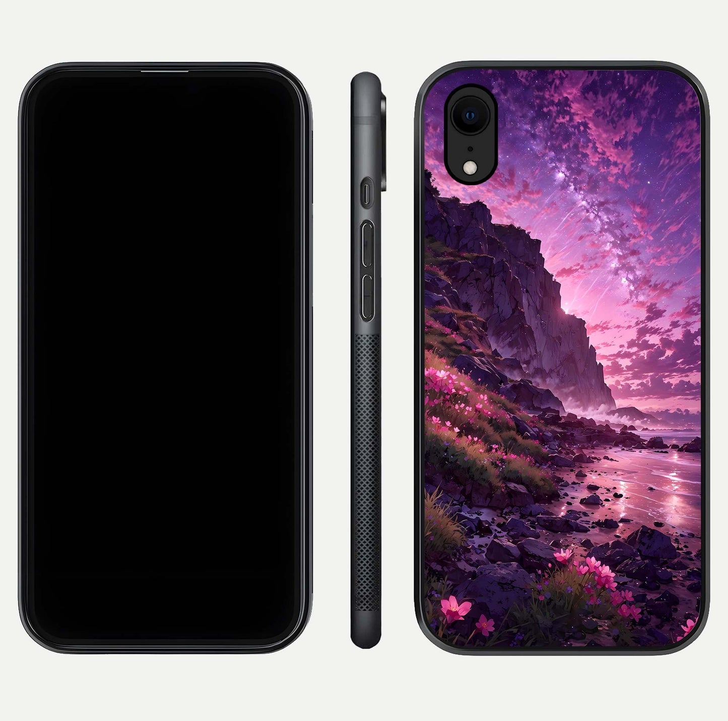 Twilight Blossom Coast Glass Case for iPhone Xr front & back layout showing floral tones and curved edge