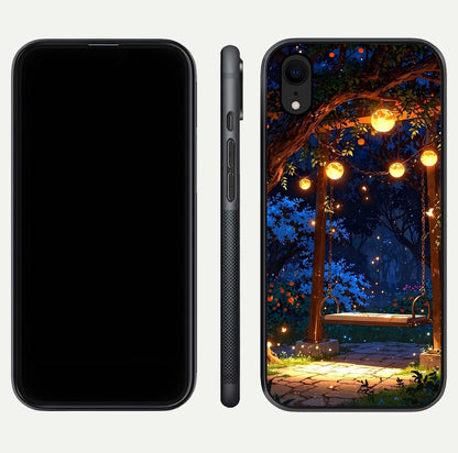 Twilight Garden Swing Glass Case for iPhone Xr front & back layout showing garden art and clean edge