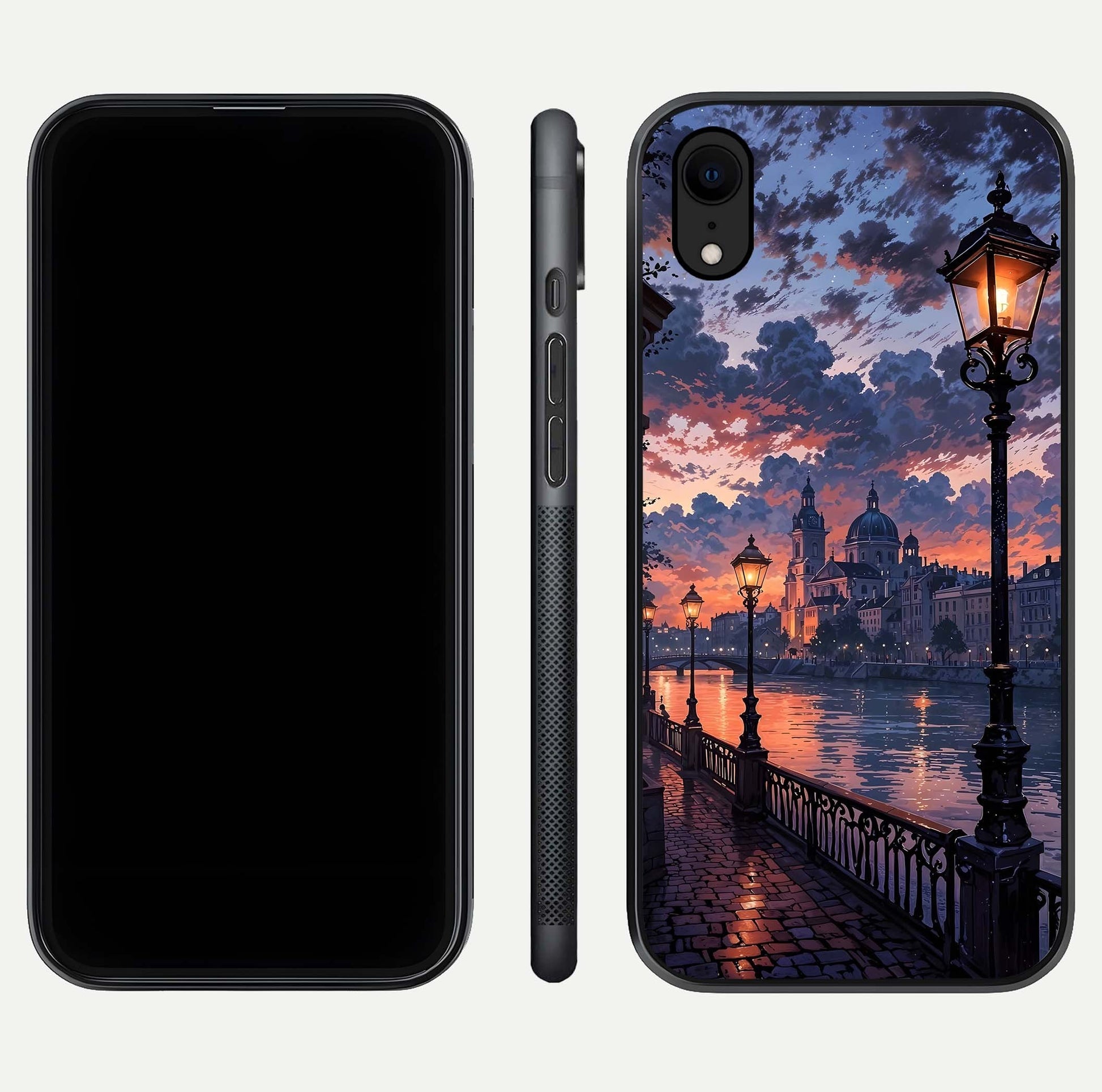 Twilight River Lights Glass Case for iPhone Xr front & back layout showing scenic artwork and smooth curved edges
