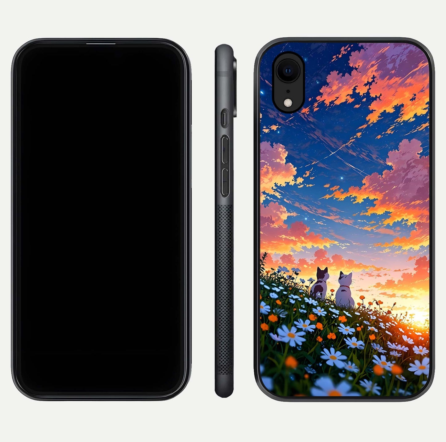 Two Cats Friends Glass Case for iPhone Xr front & back layout showing friendly cat theme and edge design
