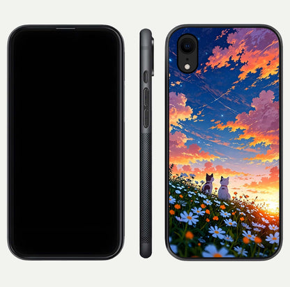 Two Cats Friends Glass Case for iPhone Xr front & back layout showing friendly cat theme and edge design