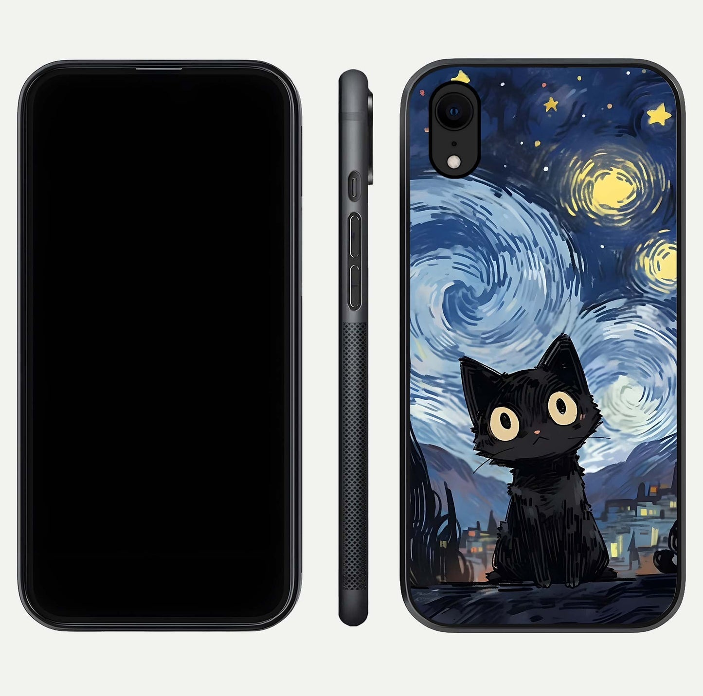 Van Gogh Cat Glass Case for iPhone Xr front & back layout showing detailed art print and curved glass edges