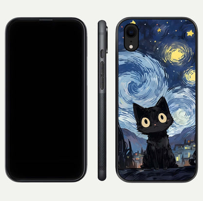 Van Gogh Cat Glass Case for iPhone Xr front & back layout showing detailed art print and curved glass edges