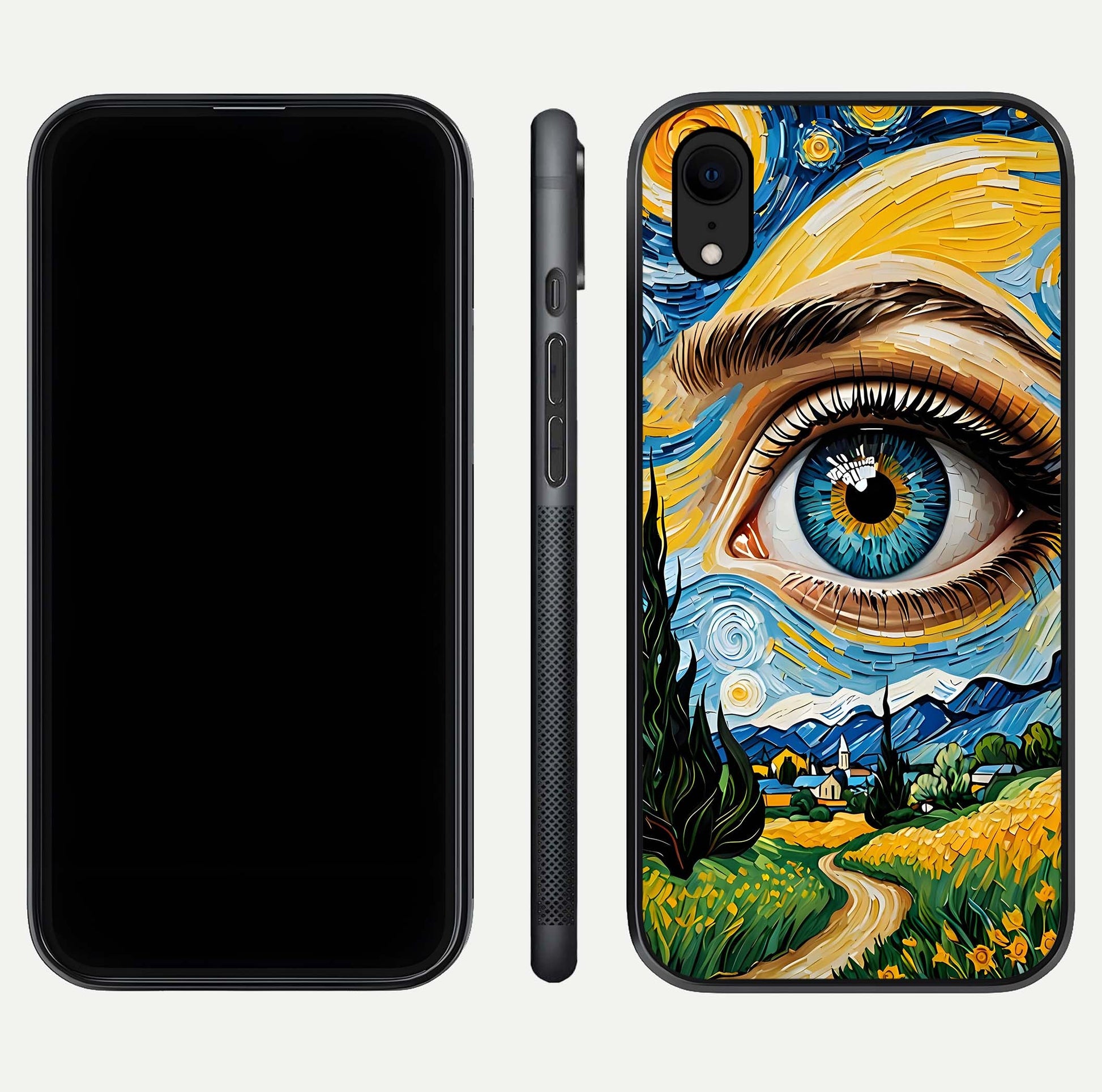 Van Gogh Eye Glass Case for iPhone 16 Pro front & back layout showing brushstroke detail and smooth finish