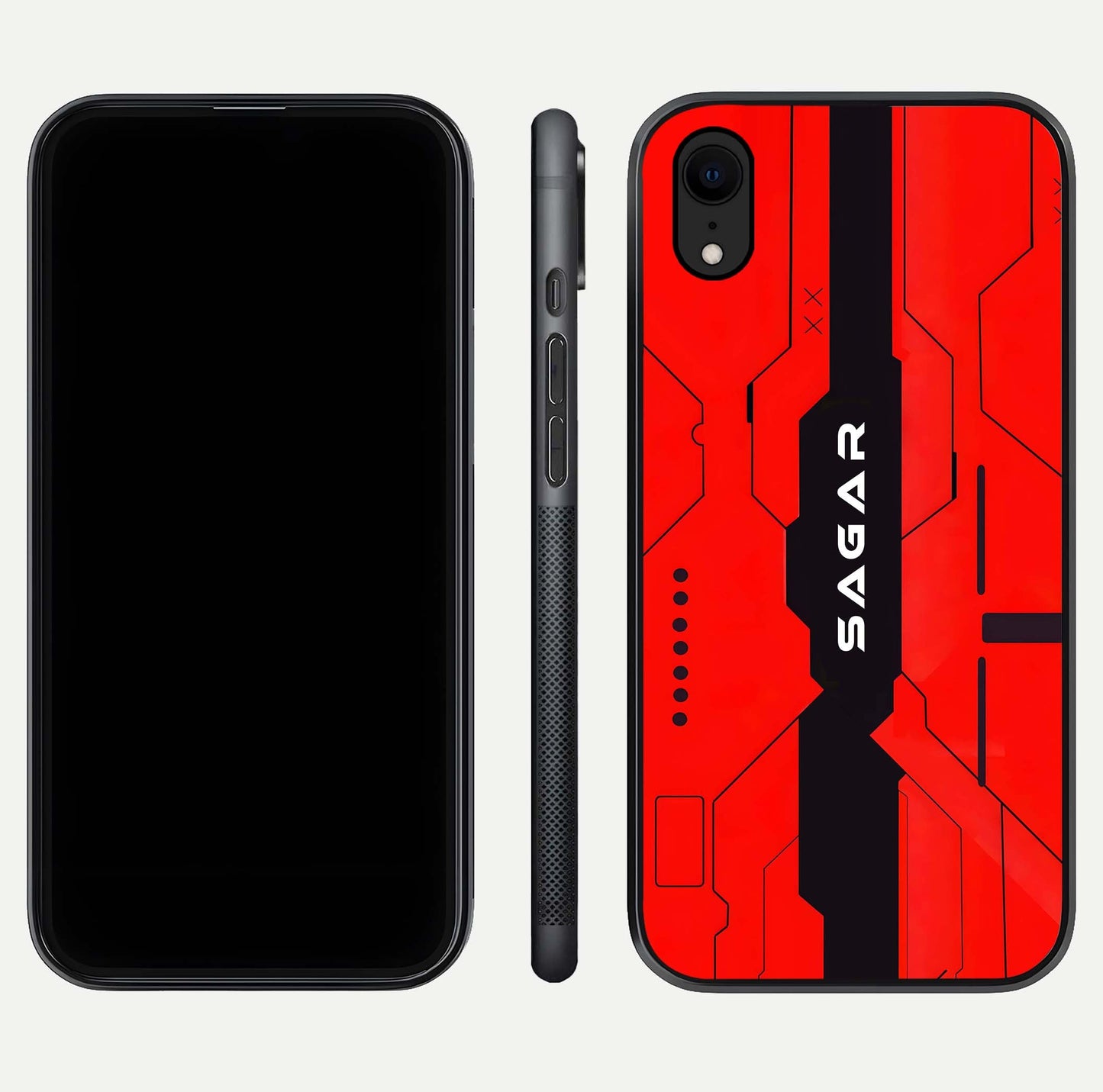 Voltage Rise CYBERPUNK Custom Name Glass Case for iPhone 16 Pro front & back layout showing futuristic tones and sleek edge