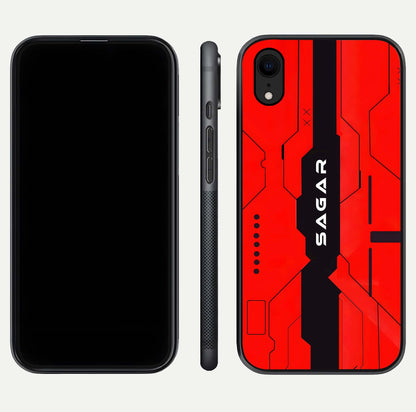 Voltage Rise CYBERPUNK Custom Name Glass Case for iPhone 16 Pro front & back layout showing futuristic tones and sleek edge