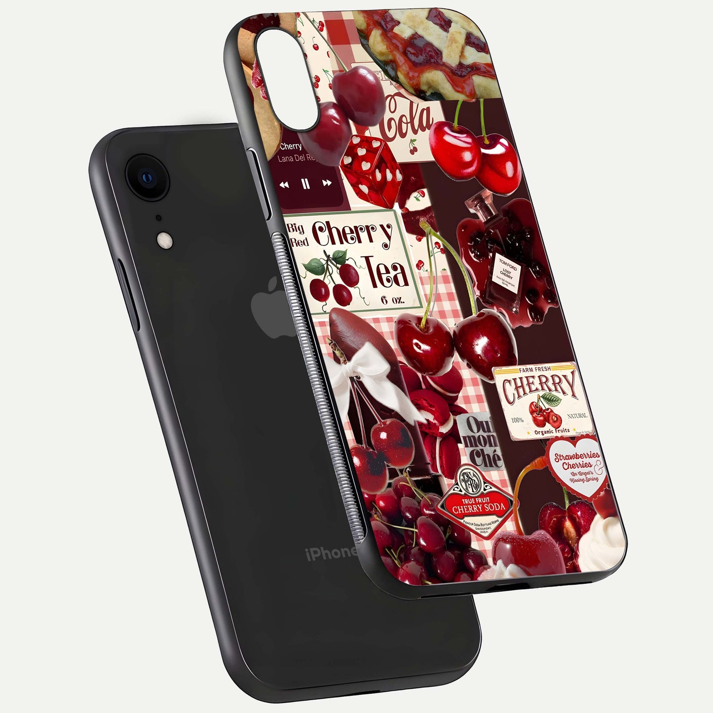 Aesthetic Cherry Tea Glass Case for iPhone 16 Pro floating dual-view mockup showing edge design and detailed cherry pattern gloss texture