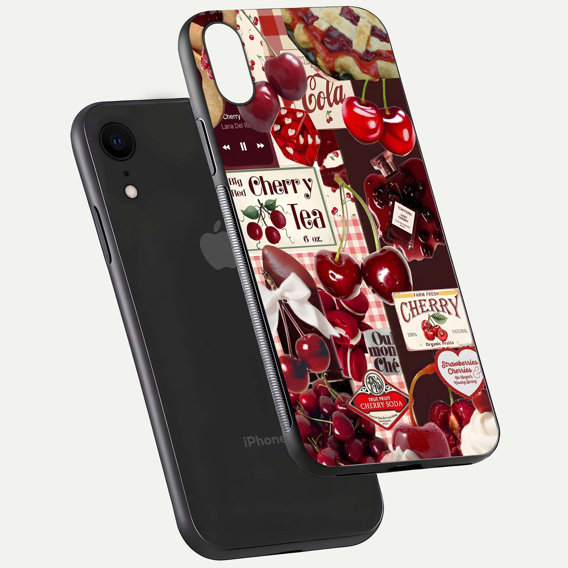 Aesthetic Cherry Tea Glass Case for iPhone 16 Pro floating dual-view mockup showing edge design and detailed cherry pattern gloss texture