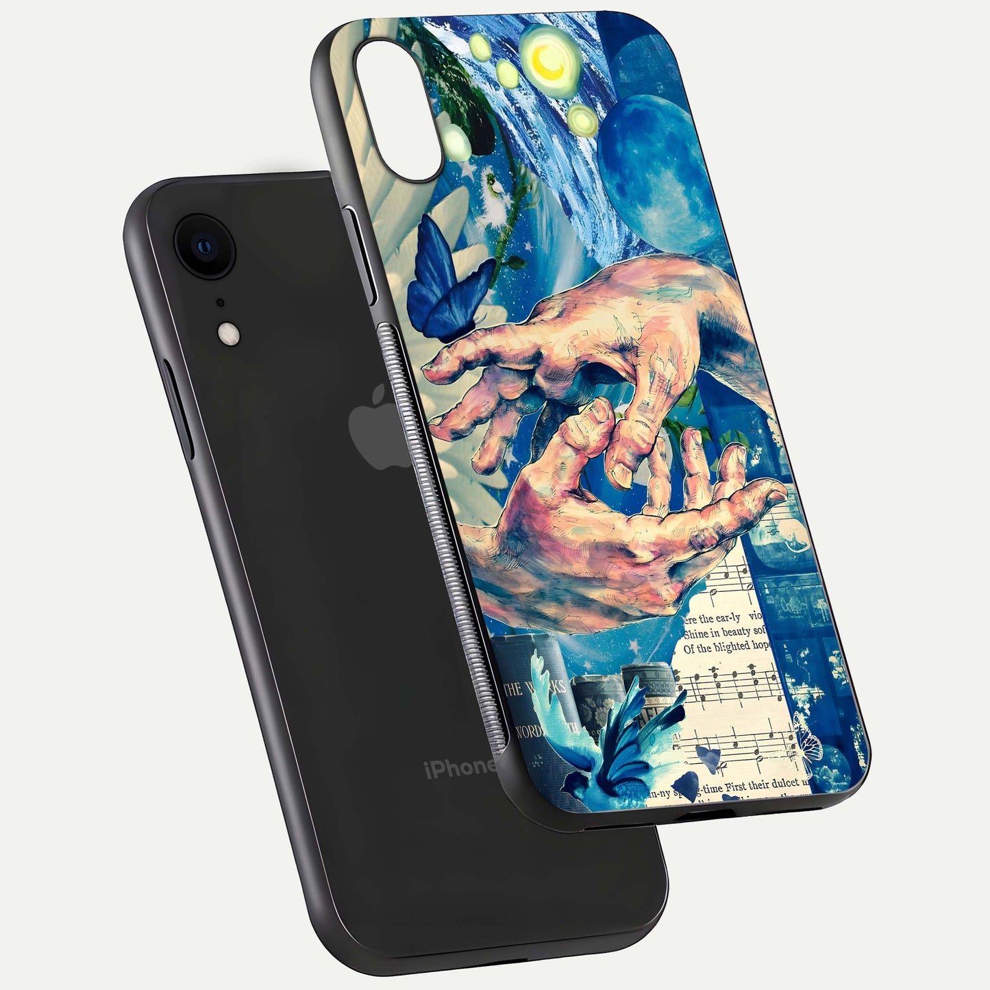 Aesthetic Divider Glass Case for iPhone 16 Pro floating dual-view mockup showing edge design and detailed divider gloss texture