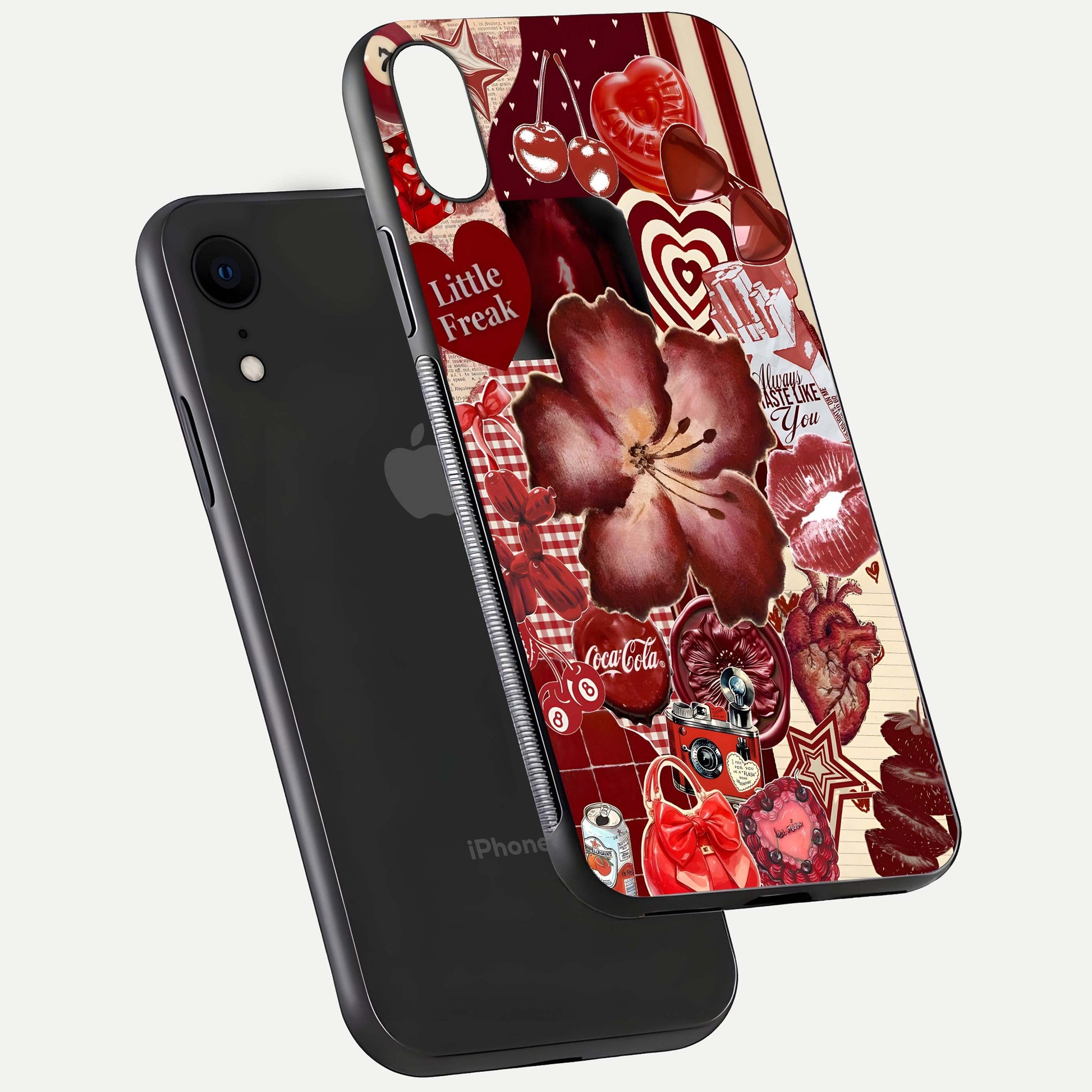 Aesthetic Little Freak Glass Case for iPhone 16 Pro floating dual-view mockup showing edge design and detailed collage gloss texture