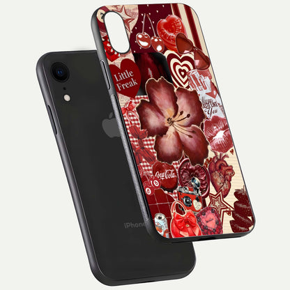 Aesthetic Little Freak Glass Case for iPhone 16 Pro floating dual-view mockup showing edge design and detailed collage gloss texture