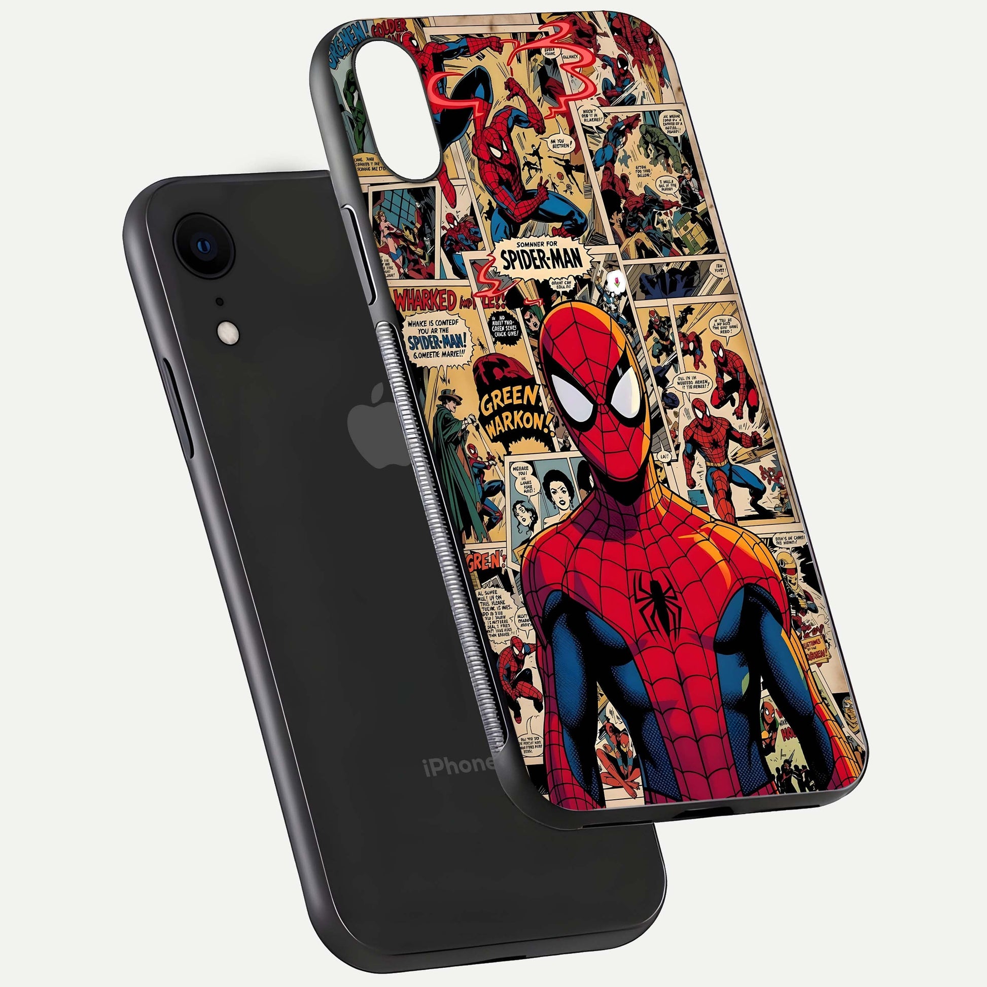 Aesthetic Spider Man Glass Case for iPhone 16 Pro floating dual-view mockup showing edge design and detailed Spider-Man gloss texture