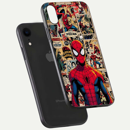 Aesthetic Spider Man Glass Case for iPhone 16 Pro floating dual-view mockup showing edge design and detailed Spider-Man gloss texture
