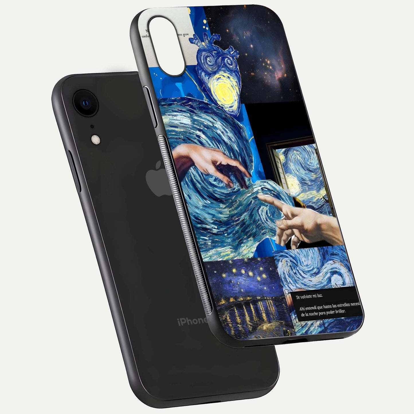 Aesthetic Vando Hands Glass Case for iPhone 16 Pro floating dual-view mockup showing slim edge profile and high-definition gloss