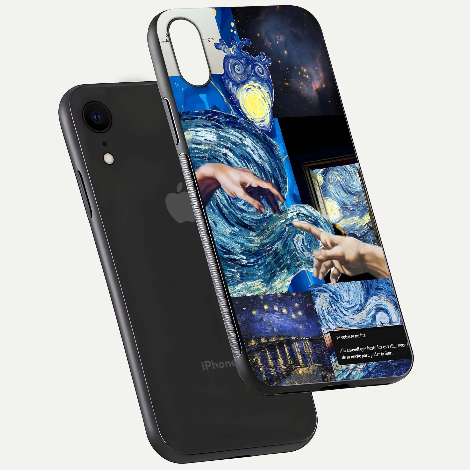 Aesthetic Vando Hands Glass Case for iPhone 16 Pro floating dual-view mockup showing slim edge profile and high-definition gloss
