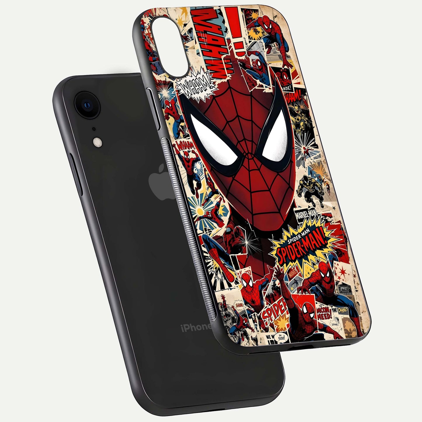 Aesthetic Wonder Spider Glass Case for iPhone 16 Pro floating mockup emphasizing superhero art and glossy reflection