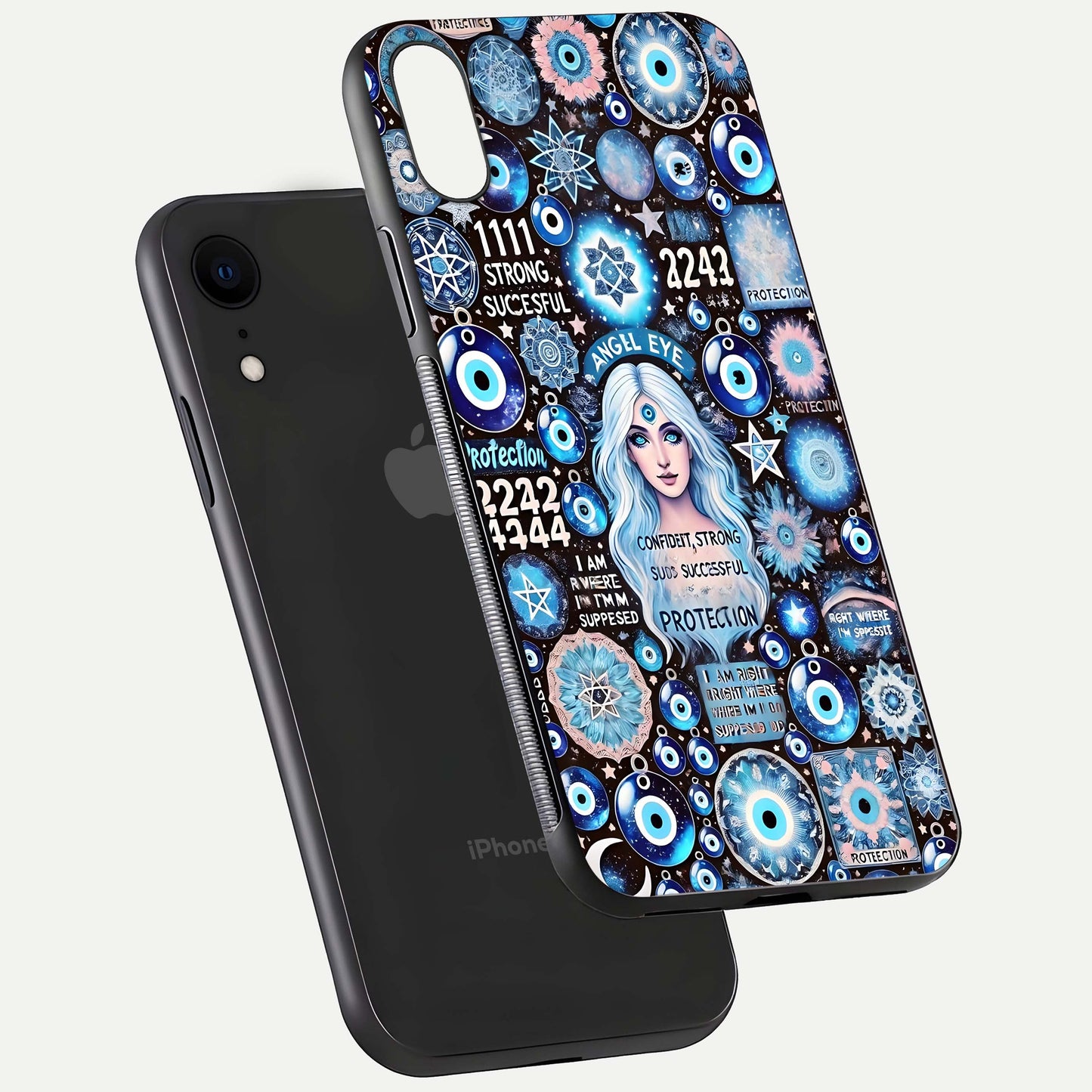 Angel Aura Shield Glass Case for iPhone 16 Pro floating angle showing light reflection and protective edge structure