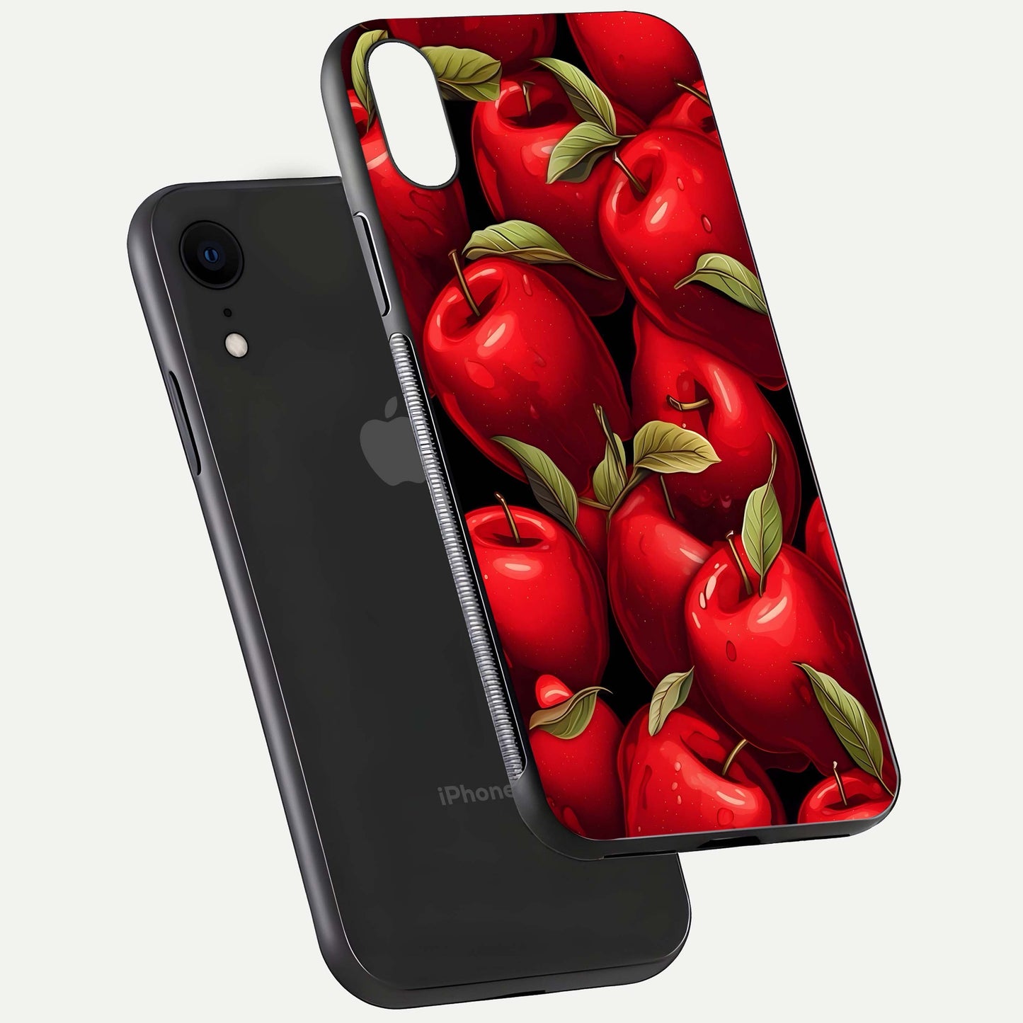 Apple Pattern Glass Case for iPhone Xr floating mockup with smooth edge detailing and pattern clarity