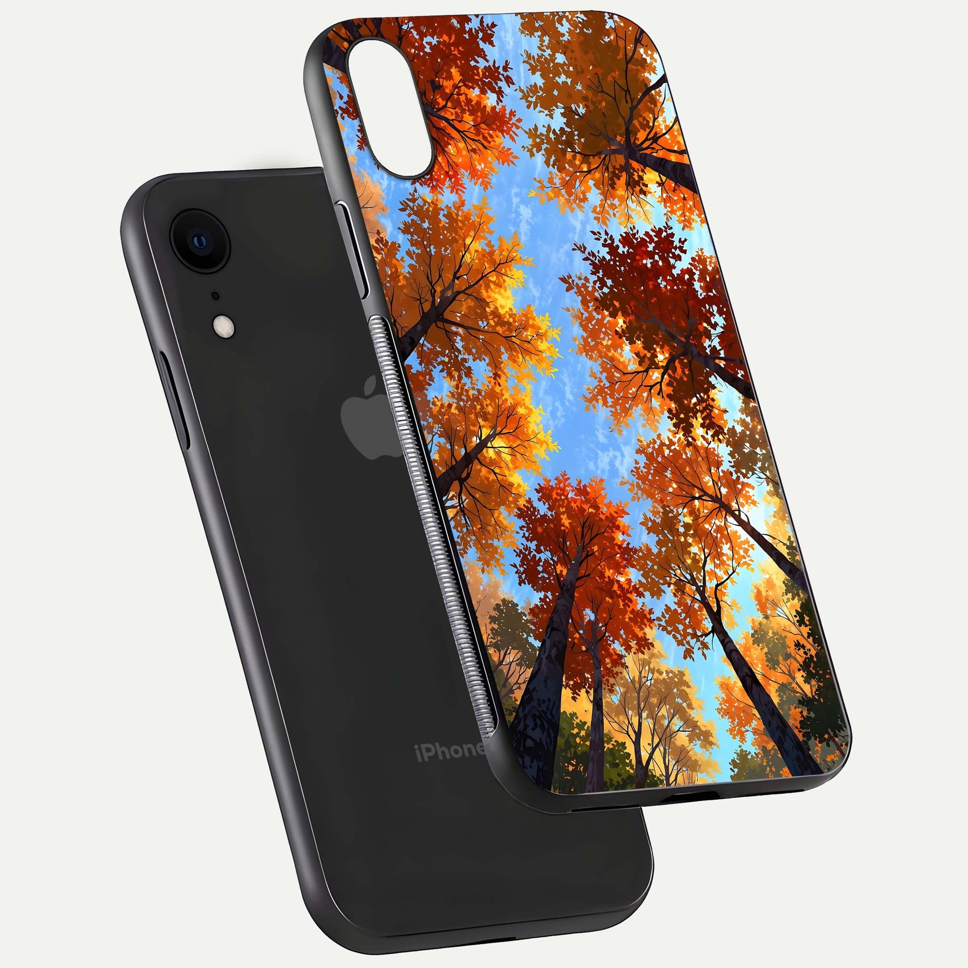 Autumn Sky Rise Glass Case for iPhone Xr floating dual-view mockup with sky horizon and glossy highlights