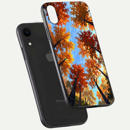 Autumn Sky Rise Glass Case for iPhone Xr floating dual-view mockup with sky horizon and glossy highlights